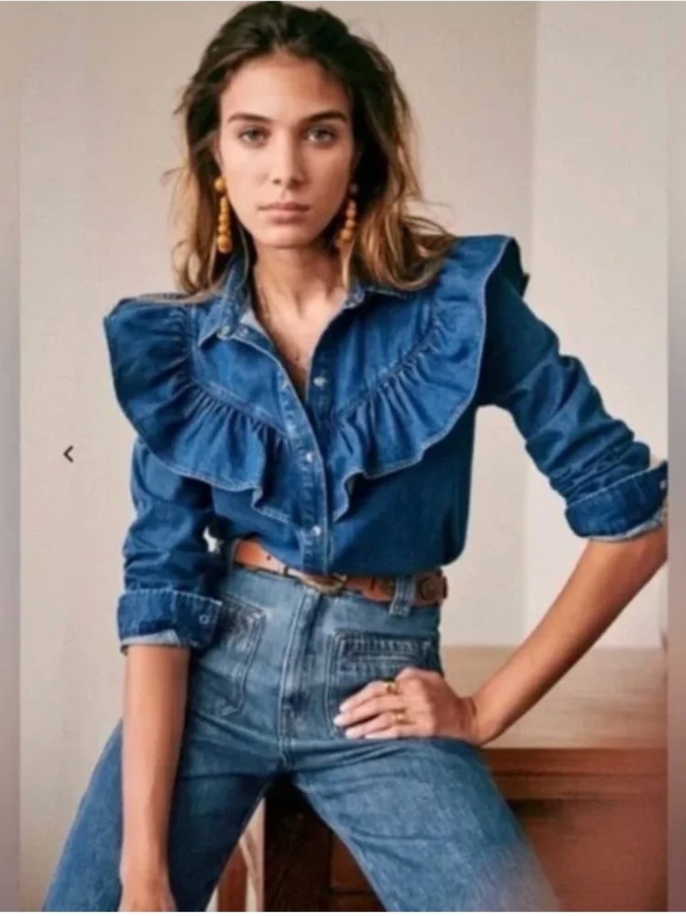 Sezane Blue Denim Ruffle Button-Down Shirt size 36 small free tote bag